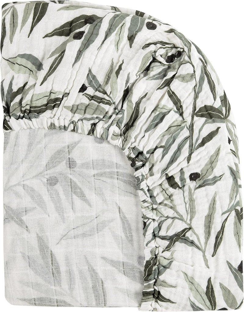 babyletto Muslin Baby Bassinet Sheets for Girls & Boys - GOTS Certified Breathable Organic Cotton Cover, 360° Fitted, Soft & Gentle Rectangle Bedside Bassinet Sheets - Olive Branches - Image 4